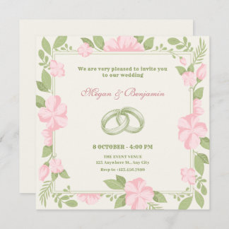 Invitation Bague mariage florale couleur rose vert pastel