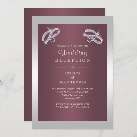 Invitation Bagues d'argent mousseux & Burgandy Réception de m (Devant / Derrière)