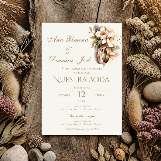 Invitation Bagues de mariage bohème en espagnol