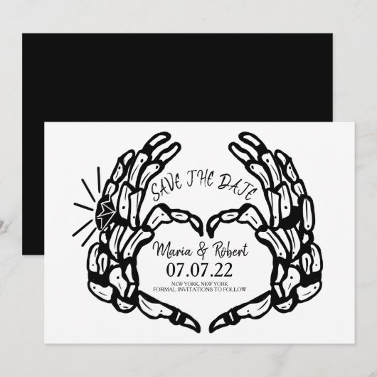 Invitation Bagues de mariage coeur de main de squelette noir  (Devant / Derrière)