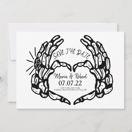 Invitation Bagues de mariage coeur en forme de squelette noir (Devant)