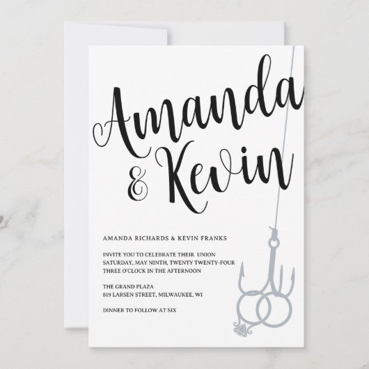 Invitation Bagues de Mariage de pêche rustique noir et blanc (Devant)