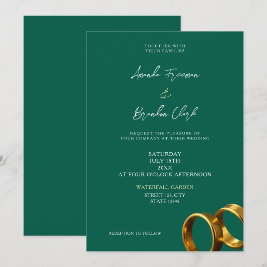 Invitation Bagues de mariage en or vert émeraude chic (Devant / Derrière)