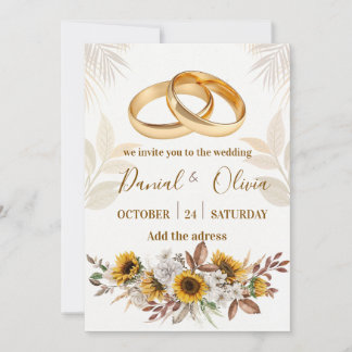 Invitation Bagues élégantes en or Tournesol Aquarelle Mariage