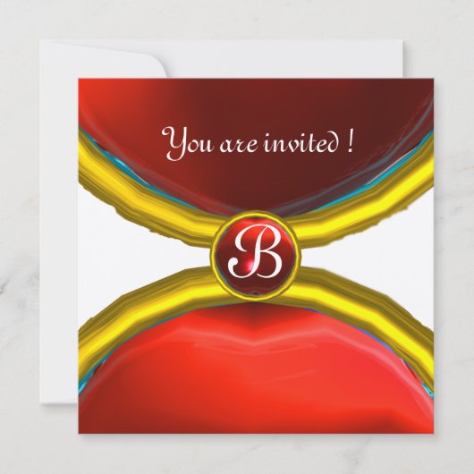 Invitation BAGUES MAGIQUES, monogramme gemme rouge argent (Devant)