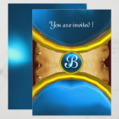 Invitation BAGUES MAGIQUES, parchemin monogrammé gemme bleue (Devant / Derrière)