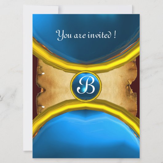 Invitation BAGUES MAGIQUES, parchemin monogrammé gemme bleue (Devant)