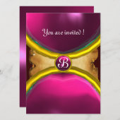 Invitation BAGUES MAGIQUES, parchemin monogramme gemme rose (Devant / Derrière)