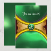 Invitation BAGUES MAGIQUES, parchemin monogrammé gemme verte (Devant / Derrière)