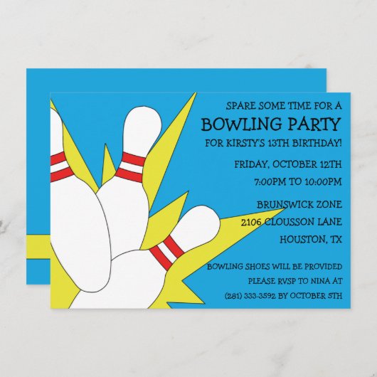 Invitation Bahama Blue 7-10 Split Bowling fête d'anniversaire (Devant / Derrière)