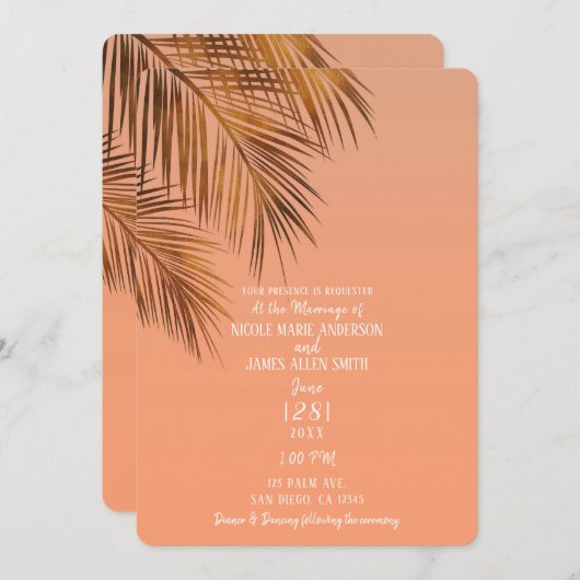 Invitation Bahama Breeze Bronze Palm Coral Peach Mariage (Devant / Derrière)