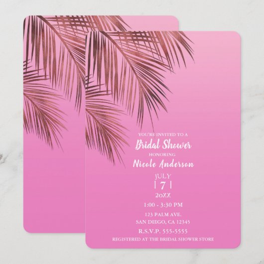 Invitation Bahama Breeze Bronze Palm Fête des mariées rose (Devant / Derrière)