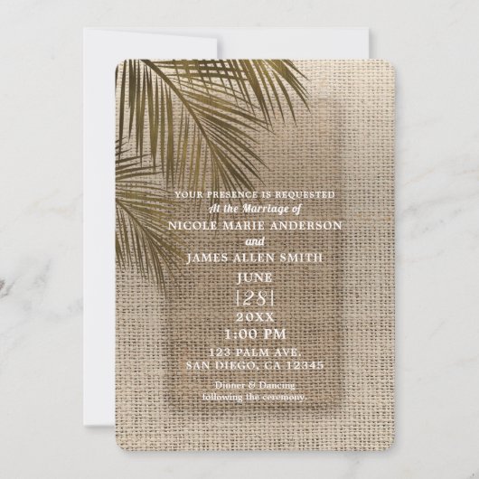 Invitation Bahama Breeze Bronze Palm Rustique Burlap Mariage (Devant)