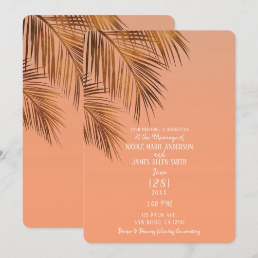 Invitation Bahama Breeze Bronze Palme Corail Péché Mariage (Devant / Derrière)