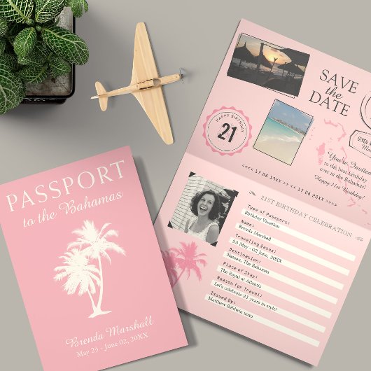 Invitation Bahamas 21E Anniversaire Passeport rose