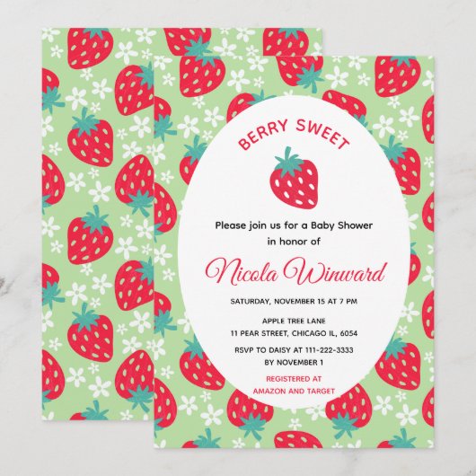 Invitation Baie Douce Baby Shower Verte Fraise (Devant / Derrière)