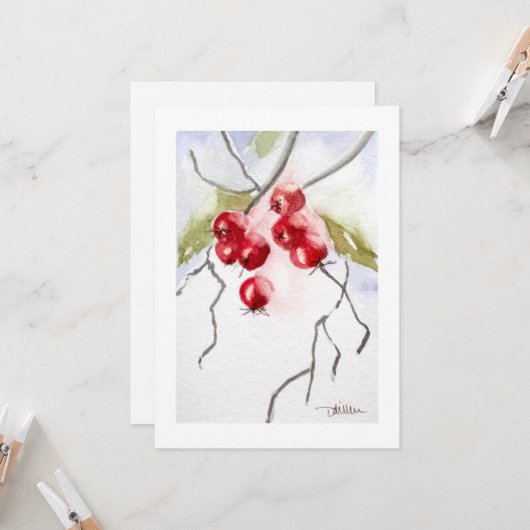Invitation Baies de houx aquarelle Noël (Devant/Arrière en situation)