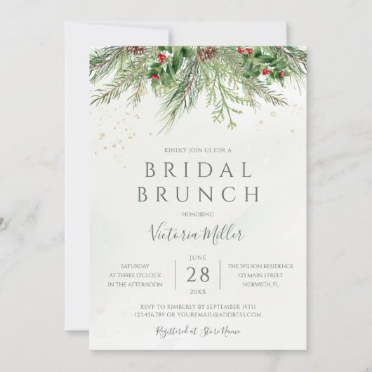 Invitation Baies d'hiver rustiques Pine vert Brunch nuptial (Devant)