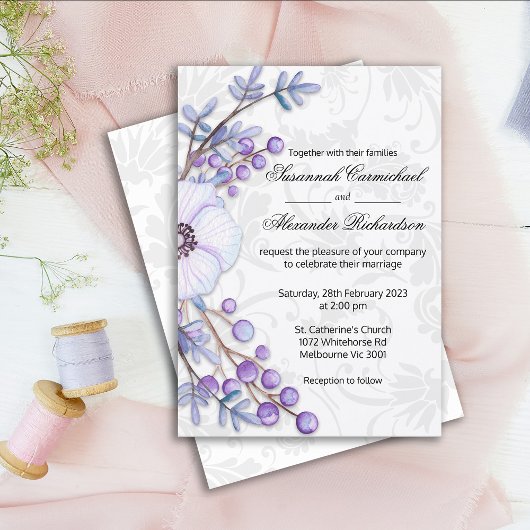 Invitation Baies florales pourpres et Mariage damassé