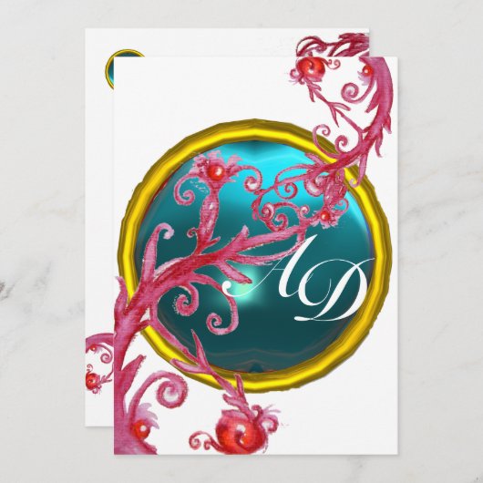 Invitation BAIES MAGIQUES 4, MONOGRAMME bleu aigue-marine (Devant / Derrière)