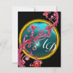 Invitation BAIES MAGIQUES 4, MONOGRAMME bleu aigue-marine or
