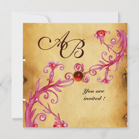 Invitation BAIES MAGIQUES MONOGRAMME Rubis Rouge Parchemin (Devant)
