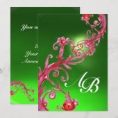Invitation BAIES MAGIQUES, MONOGRAMME vert émeraude rouge (Devant / Derrière)