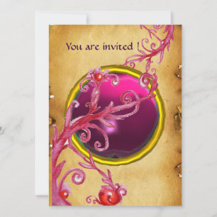 Invitation BAIES MAGIQUES PARCHEMIN GEMME rouge rubis