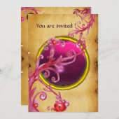 Invitation BAIES MAGIQUES PARCHEMIN GEMME rubis rouge (Devant / Derrière)