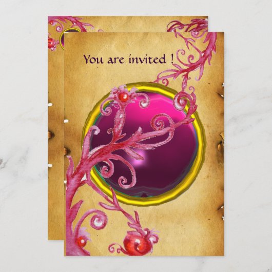 Invitation BAIES MAGIQUES PARCHEMIN GEMME rubis rouge (Devant / Derrière)