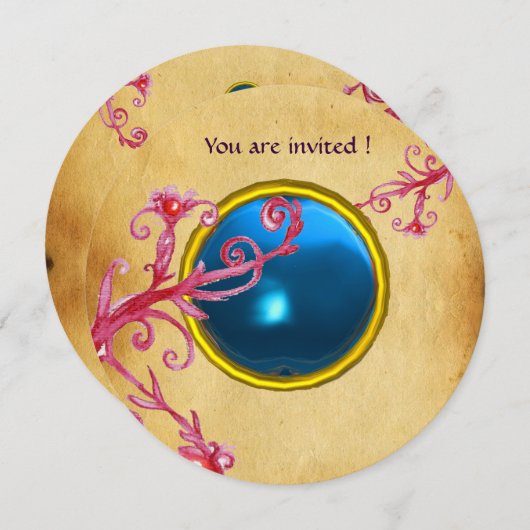 Invitation BAIES MAGIQUES PARCHEMIN GEMME saphir bleu (Devant / Derrière)