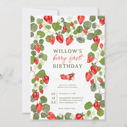 Invitation Baies mignonnes fraises fleuries fraises rouges 1e (Devant)