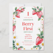 Invitation Baies neutres Pastel Fraises 1er Anniversaire (Devant)