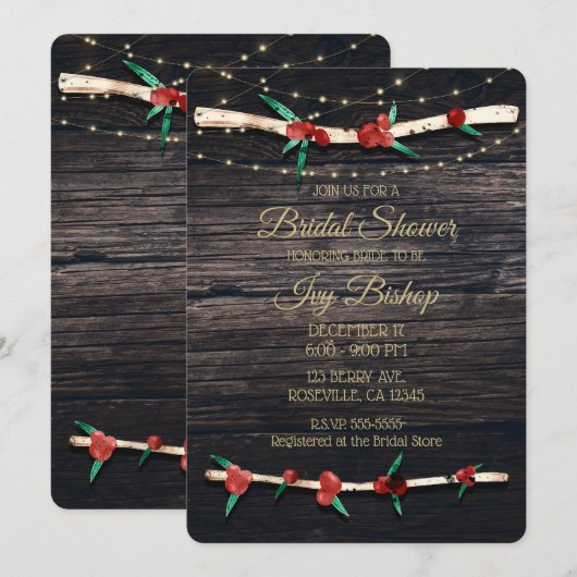 Invitation Baies Rouges Branches & Lumières Réception de Mari (Devant / Derrière)