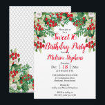 Invitation Baies rouges | Floral Sweet Rose 16 fête d'anniver<br><div class="desc">Couleurs brillantes et brillantes de baies sèches rouges et verdure avec des roses blanches dans un haut jardin fantaisiste swag fleuri Sweet 16 Anniversaire fête originellement illustrée et conçue par Holiday Hearts Designs (droits réservés). Le front est accentué de texte rouge pour l'occasion, le nom de l'honoraire et comme toile...</div>