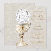 Invitation baige texture background First Holy Communion (Devant / Derrière)