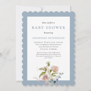 Invitation Baignade Bébé Fleur Sauvage Aquarelle Bleue Élégan