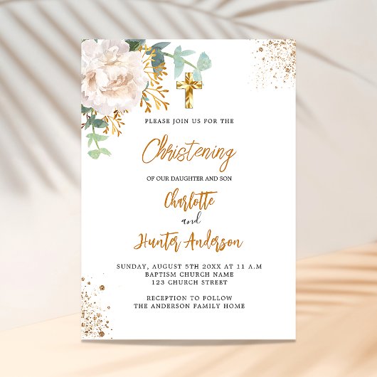 Invitation Baignade des jumeaux eucalyptus vert fleuri blanc