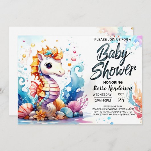 Invitation Baignade d'Hippocampe Fête Prénatale Océanique de (Devant / Derrière)