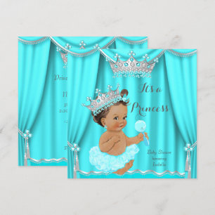 Invitation Baignade Princesse Teal Baby Shower Argent Brunett