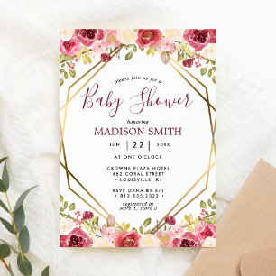 Invitation Baignée de bébé géométrique floral Bourgogne Or