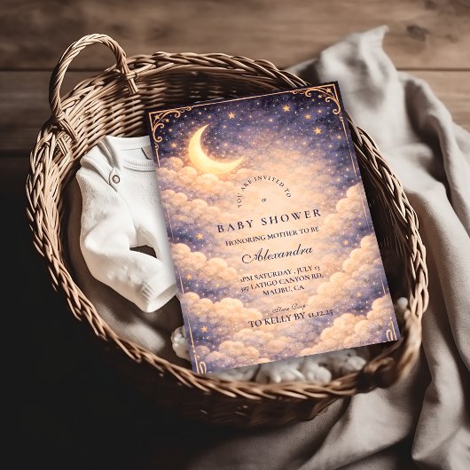 Invitation Baignée de bébé Lune Étoiles Célestes Neutre