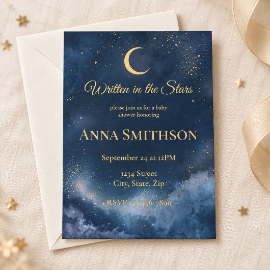 Invitation Baignée de bébé Lune & Etoiles Or Navy
