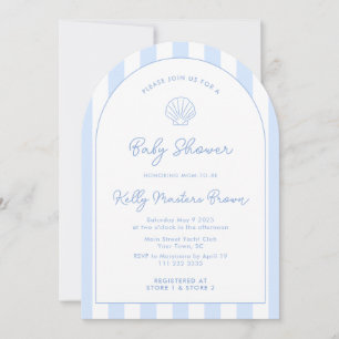Invitation Baignée de bébé moderne bleu et blanc coquillage c