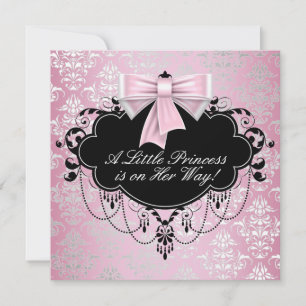 Invitation Baignée de bébé princesse élégante argent rose noi