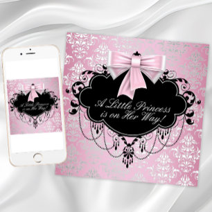 Invitation Baignée de bébé princesse élégante argent rose noi
