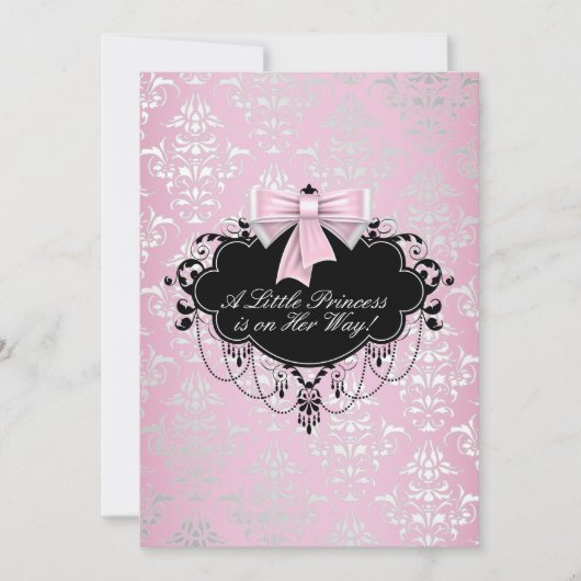 Invitation Baignée de bébé princesse élégante argent rose noi (Devant)