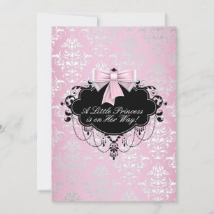 Invitation Baignée de bébé princesse élégante argent rose noi