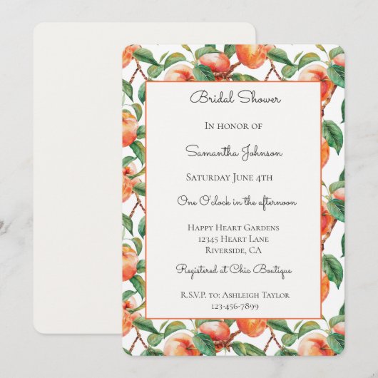 Invitation Baigneuse de mariage aux pêches (Devant / Derrière)