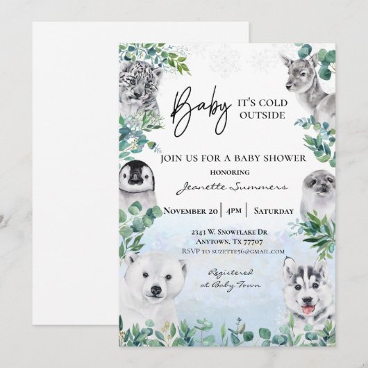 Invitation Baignoire Bébé Animaux Arctiques d'Hiver Aquarelle (Devant / Derrière)